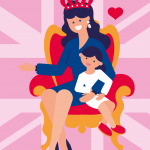 Illustration d'une maman reine avec sa fille sur un fauteuil rouge