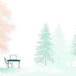 Illustration d'un paysage avec une forêt et un bureau